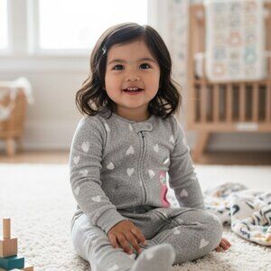 Carters Fleece Footie Pajamas 18M Gray Hearts Pink Owl Zip Up